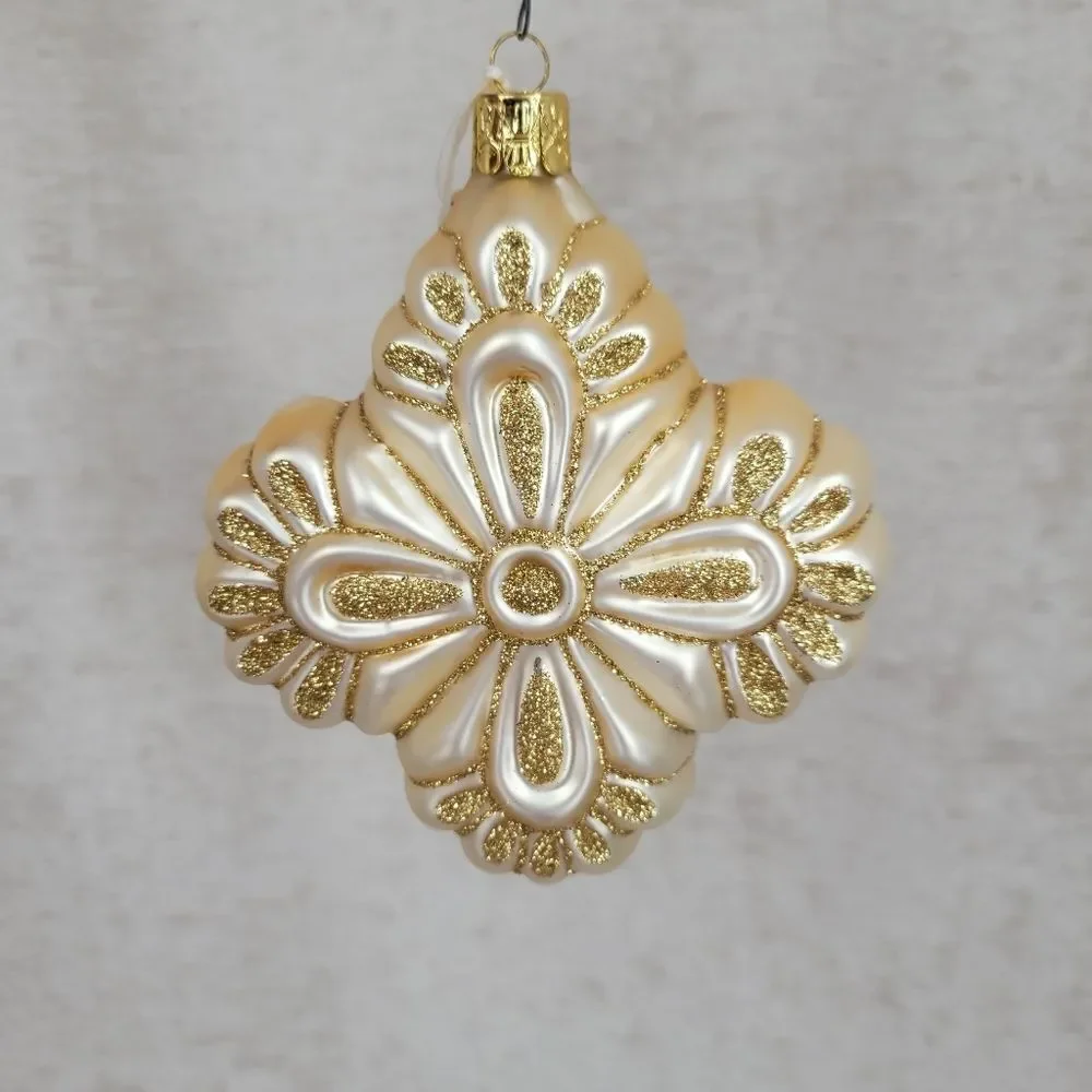 Vintage Gold and Cream Hand Blown and Painted Glass Ornaments European Artisan